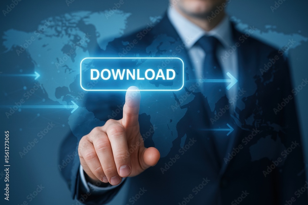 Poster digital download: a sharp-suited individual's index finger presses a glowing download button overlai