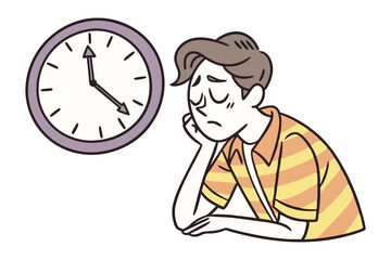 A person looking bored and sad while waiting for time to pass next to a clock