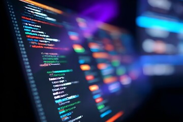 Close-up of an interactive screen displaying code in the foreground, with blurred-out digital marketing tools and tech gadgets in the background. 