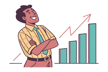 Smiling businessman with arms crossed stands confidently next to a rising bar graph indicating successful business growth and positive financial performance