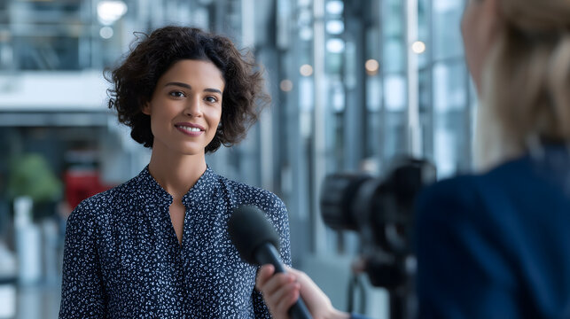 Confident african american woman smiles brightly while being interviewed with a microphone in a modern office setting.