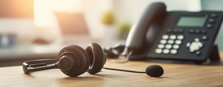 The headset and telephone set in a modern office environment.