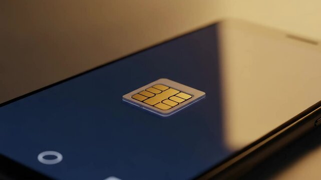 Mobile phone displaying SIM card on screen in soft lighting  