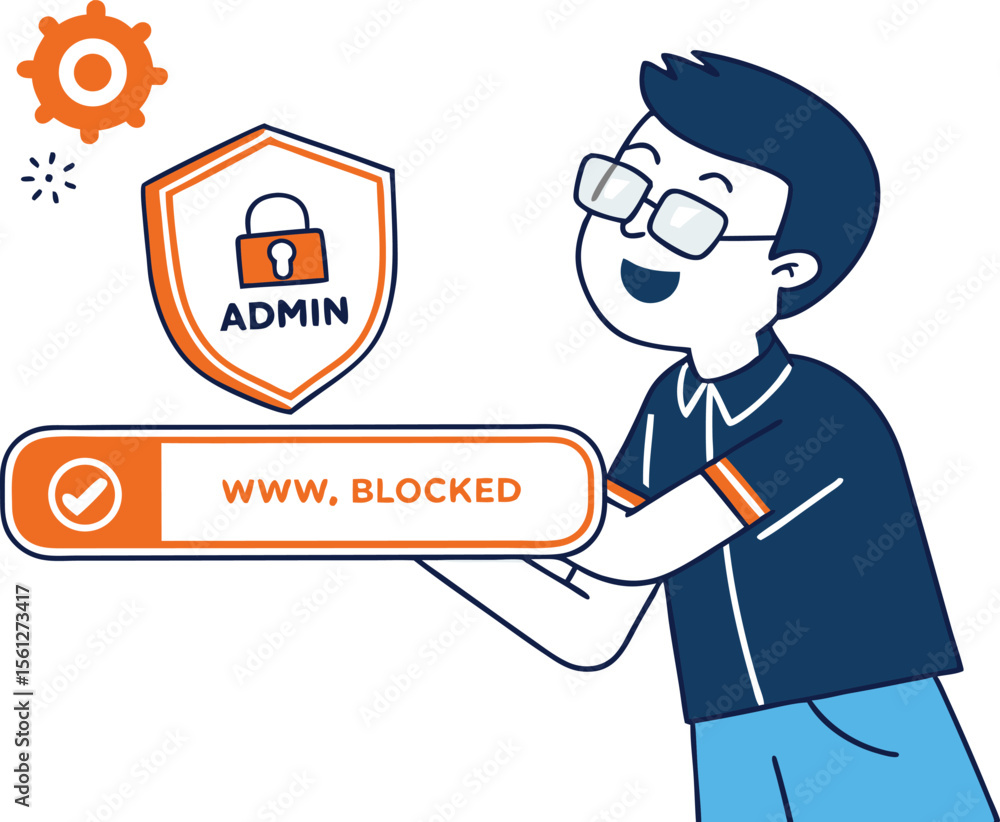 Poster vector art of a man holds a blocked website notification with admin security shield