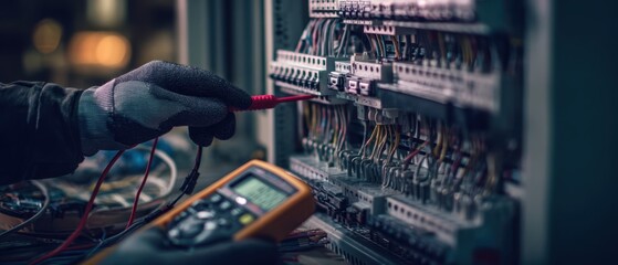 The technician using a multimeter to test electrical circuit connections.