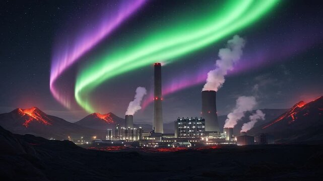 Industrial landscape under auroras with volcanic activity