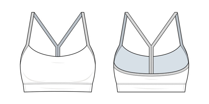 Y-Back Sports Bra Technical Fashion Illustration. Seamless V-Neck Active Bra with Wide Underband Vector Template. Front and Back View. Women&rsquo;s Activewear. CAD Mockup.