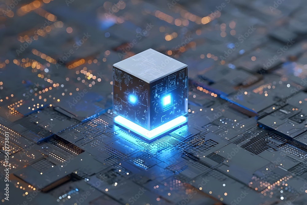Poster 3d rendering of a tiny cube with a glowing blue light on top, floating over a large circuit board.
