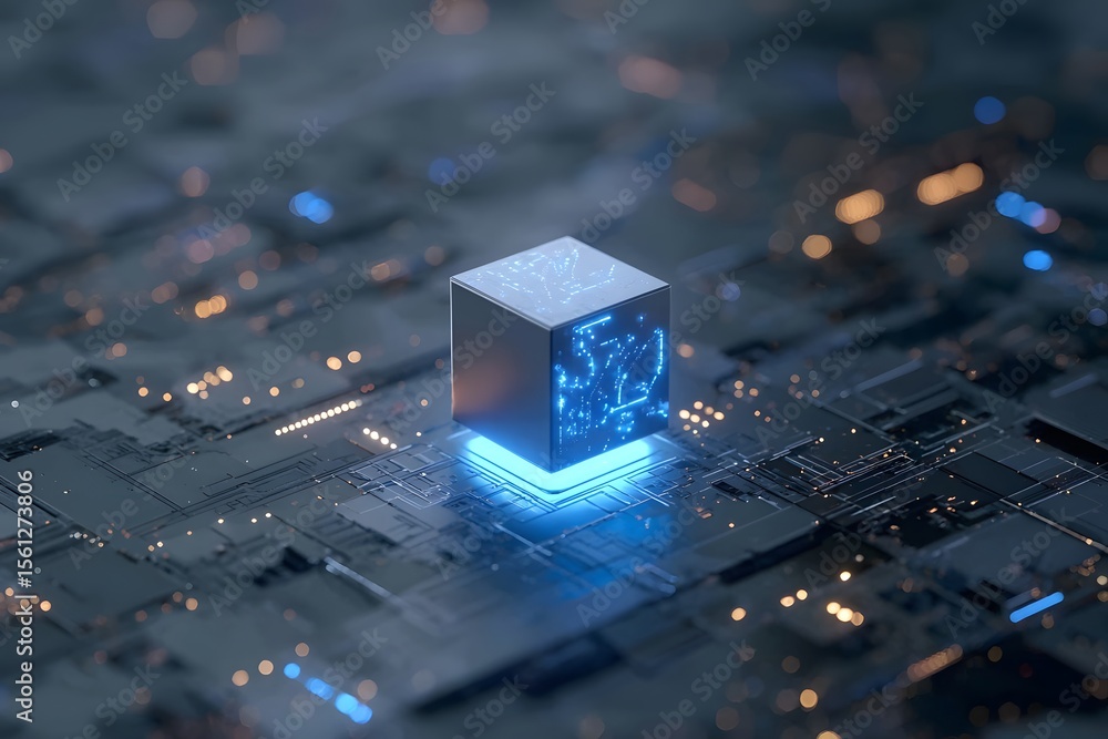 Poster 3d rendering of a tiny cube with a glowing blue light on top, floating over a large circuit board.