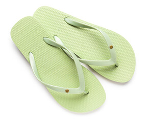 Green female flip flops on white background
