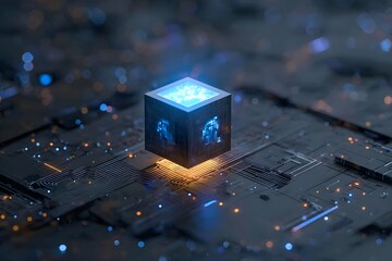 3D rendering of a tiny cube with a glowing blue light on top, floating over a large circuit board.