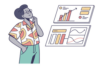 Thoughtful individual with glasses analyzes upward trending bar and line graphs on digital screens contemplating business growth and data