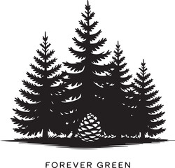 Silhouette of Evergreen Trees and a Pinecone a Forest Scene Depicted in Black and White