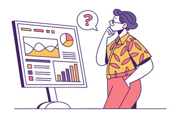 A person thoughtfully analyzes complex data charts and graphs displayed on a computer screen pondering a question