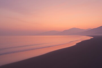 Soft Pink Sunrise over Quiet Beach and Coastal Hills