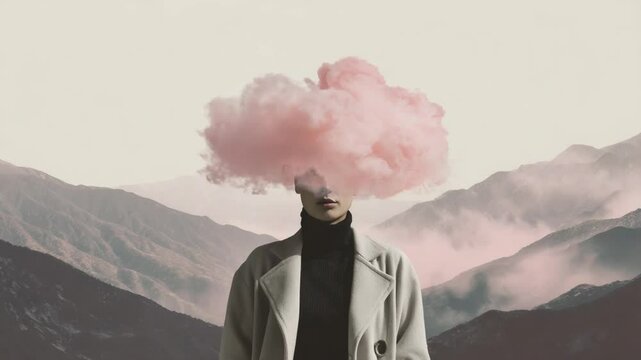 Woman with pink cloud above her head in surreal mountain landscape  