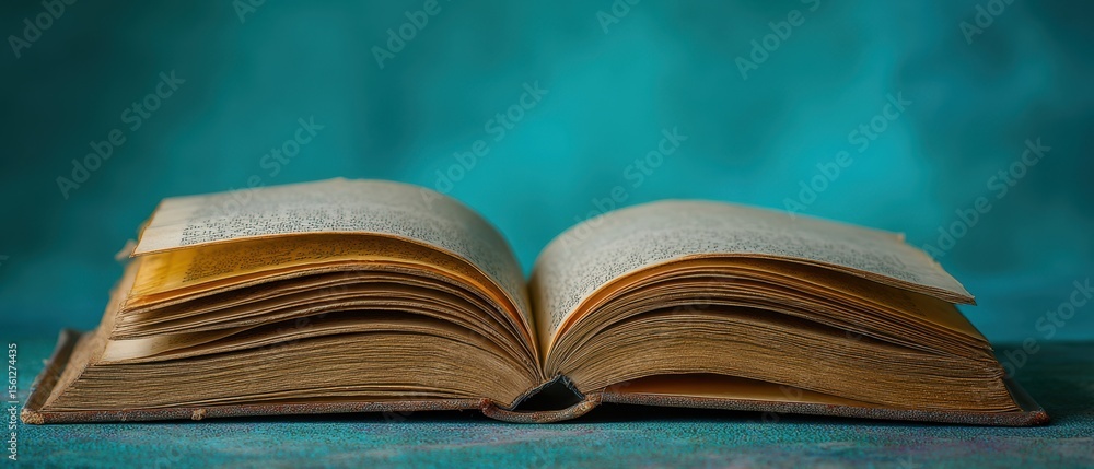 Poster the open book showcasing pages with golden edges against a textured background
