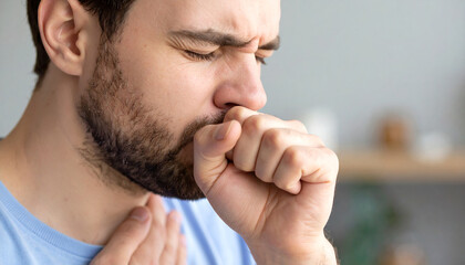 Obraz premium Close-up of a young man coughing with his hands in his mouth.