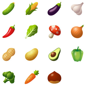 Vegetables & Nuts icons: pepper, eggplant, chili, corn, garlic, onion, nut, bell, potato, peanut, vegetable. Food icon set in emoji style.