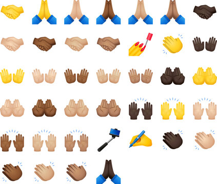 Hands & Hand props icons in multiple skin tones: gestures, clapping, pray, palms, meditation, applause, handshake, praise. Vector icons in emoji style.