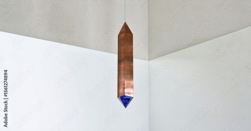 Poster minimalist interior features copper pendant light. clean walls meet ceiling creating sharp angles. m