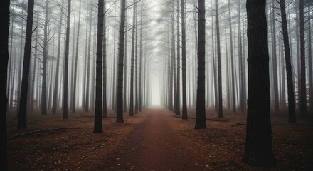 Naklejka premium Mysterious Path Through a Foggy Forest Landscape in Autumn
