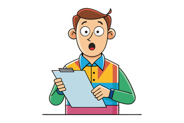 Shocked cartoon man with wide eyes and open mouth holding a clipboard expressing surprise or disbelief