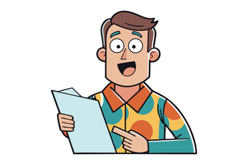 Enthusiastic cartoon man pointing at a document with a big smile and wide eyes wearing a colorful patterned shirt