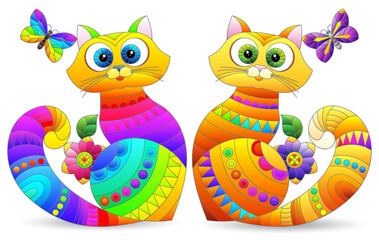A set of stained glass elements with rainbow cats , isolated images on white background