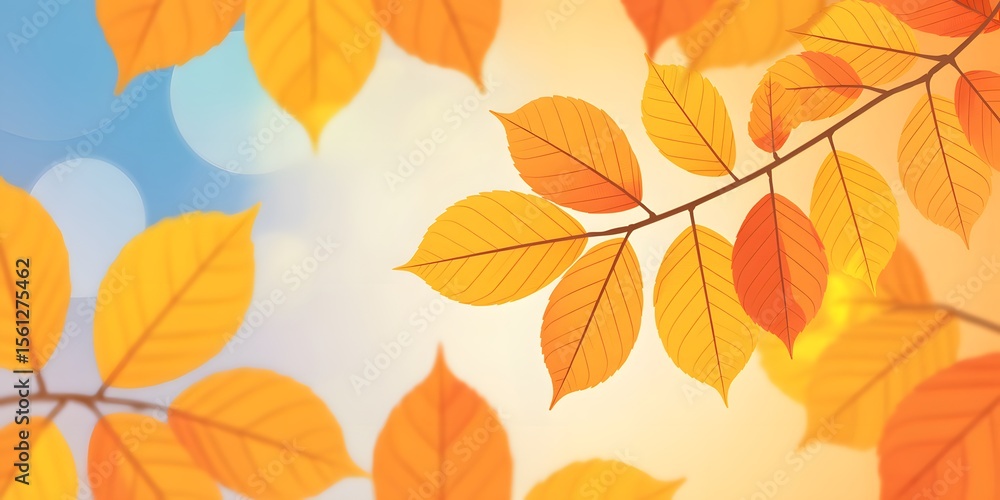 Poster beautiful autumnal composition featuring vibrant orange and yellow leaves against a soft bokeh backg