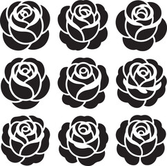 Elegant Arrangement of Nine Stylized Roses in Black and White Floral Pattern Decorative and Eye Catching Design