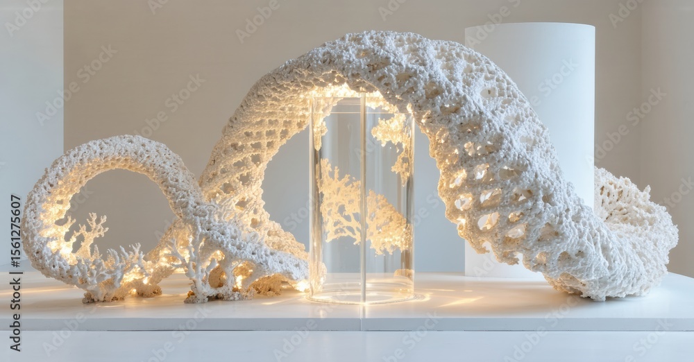 Leinwandbilder Intricate coral structures illuminate display. White textures contrast clean lines, creating soft glow. Minimalist setting enhances organic forms.