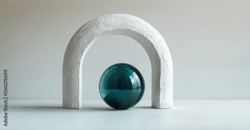 Poster Minimalist composition. White arch frames dark sphere. Simple studio setup, neutral background, soft lighting. Modern aesthetic.