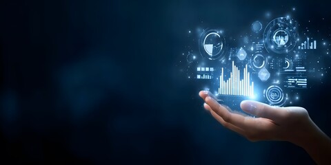 A hand holding digital graphs and gears floating above it, representing the concept of business intelligence or AI technology for data analysis in marketing