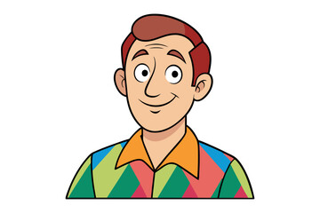 Friendly cartoon man with red hair and a colorful geometric patterned shirt smiling happily