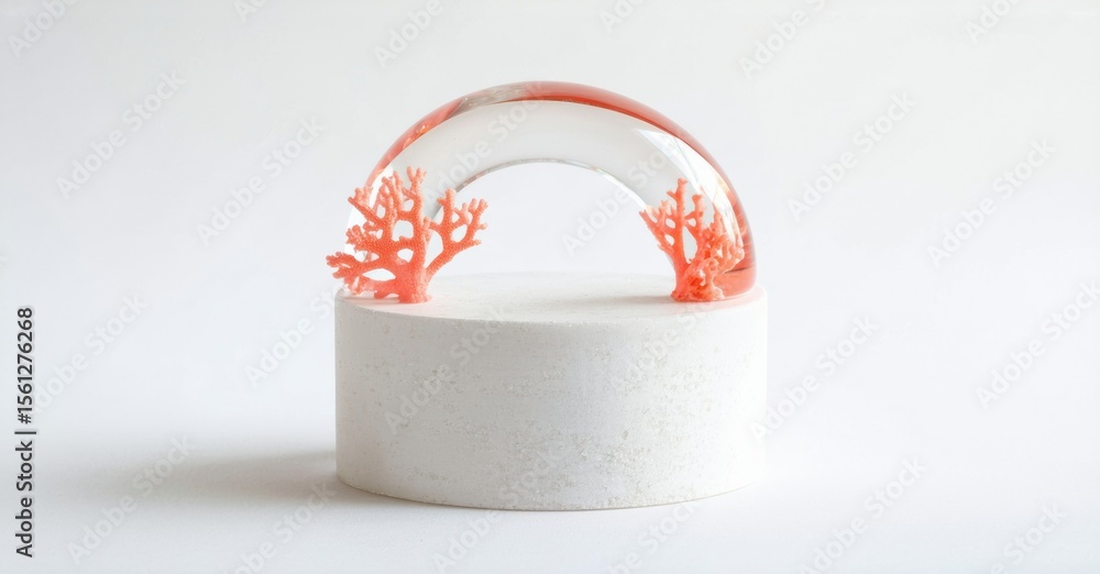 Poster Sculpture features coral branches under clear arch. White base supports structure, creating minimalist aesthetic. Clean lines, modern design.