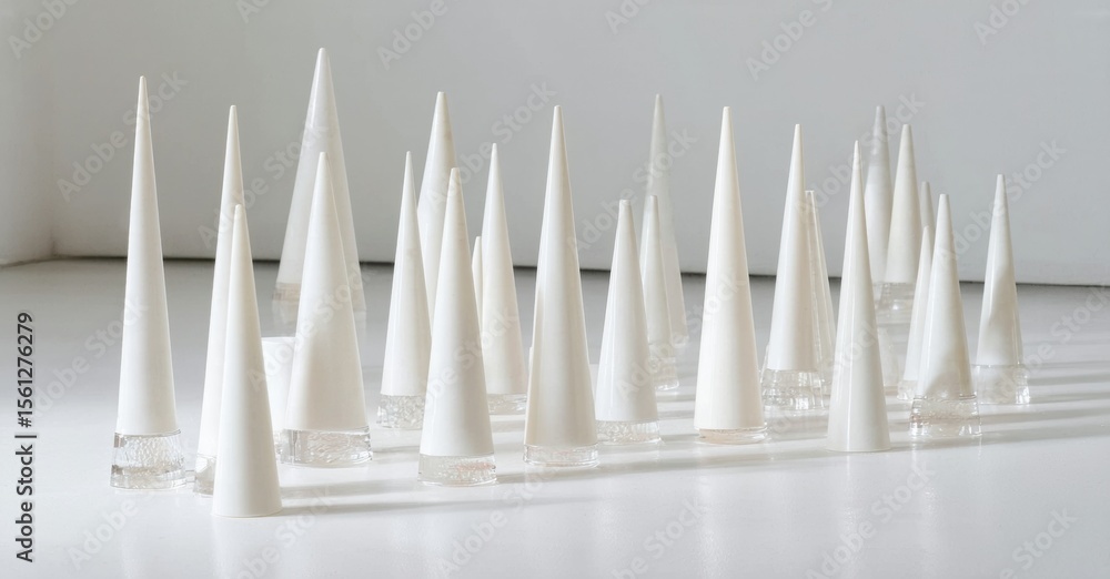 Poster white conical forms stand on clear bases. minimalist installation creates geometric pattern, simple 