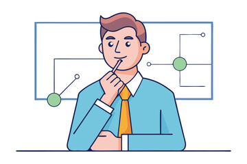 Man in blue shirt and yellow tie pondering over a flowchart diagram with green circles and connecting lines