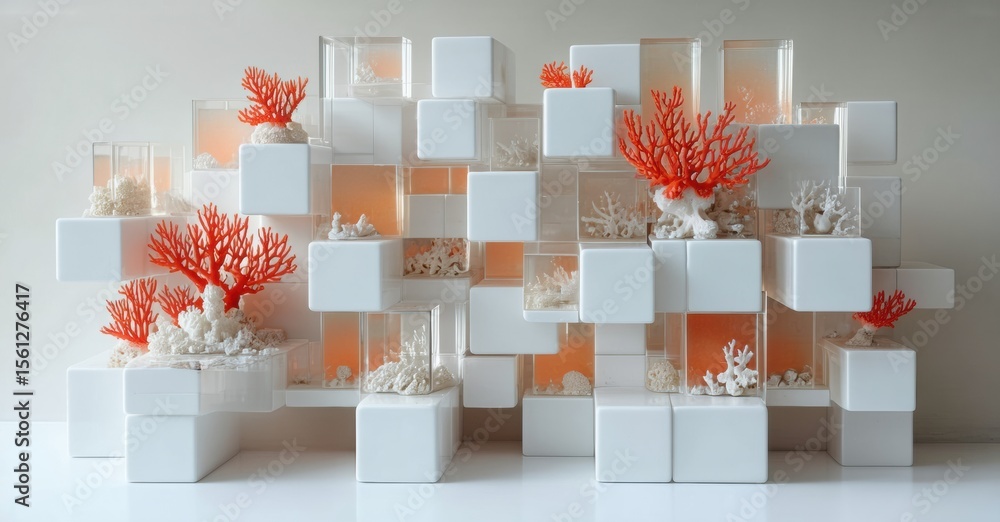 Poster White cubes display coral, shells. Warm light emanates from within structures, creating striking visual contrast. Modern, artistic installation.