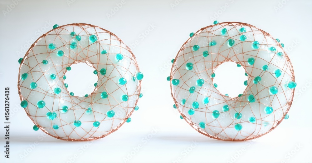 Poster two torus sculptures. copper wire forms outer shell, turquoise beads decorate surface. white interio