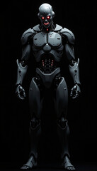 
A angry ai robot with glowing eyes that seem to pierce through the darkness, A robot with glowing red eyes standing in darkness, AI generated
