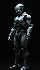 
A angry ai robot with glowing eyes that seem to pierce through the darkness, A robot with glowing red eyes standing in darkness, AI generated