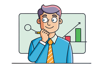 Cartoon businessman thoughtfully observing a rising bar graph and upward trend arrow on a presentation screen with a pencil