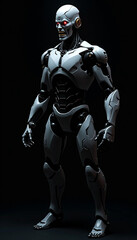 
A angry ai robot with glowing eyes that seem to pierce through the darkness, A robot with glowing red eyes standing in darkness, AI generated