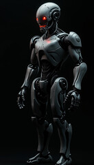 
A angry ai robot with glowing eyes that seem to pierce through the darkness, A robot with glowing red eyes standing in darkness, AI generated