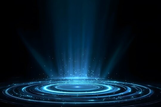 Abstract futuristic background with blue light rays and glowing circular rings on a black backdrop.