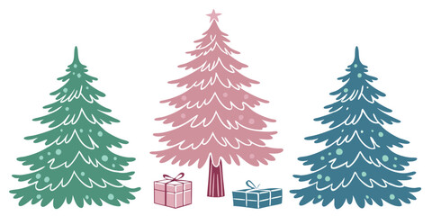 Festive Watercolor Christmas Tree Set with Pink Blue and Green Pines