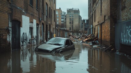 A flooded urban street with a submerged car creates a dramatic scene. The buildings reflect a sense of abandonment and neglect. Nature reclaims the city. Generative AI