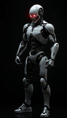 
A angry ai robot with glowing eyes that seem to pierce through the darkness, A robot with glowing red eyes standing in darkness, AI generated
