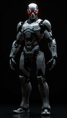 
A angry ai robot with glowing eyes that seem to pierce through the darkness, A robot with glowing red eyes standing in darkness, AI generated